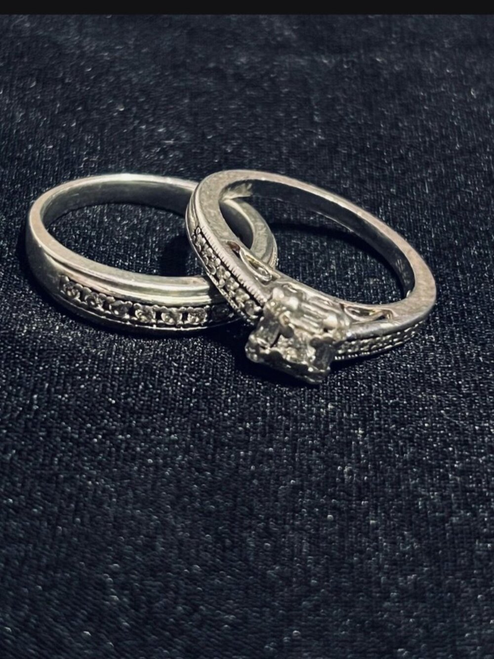 Silver Diamond Engagement and Wedding Ring Set